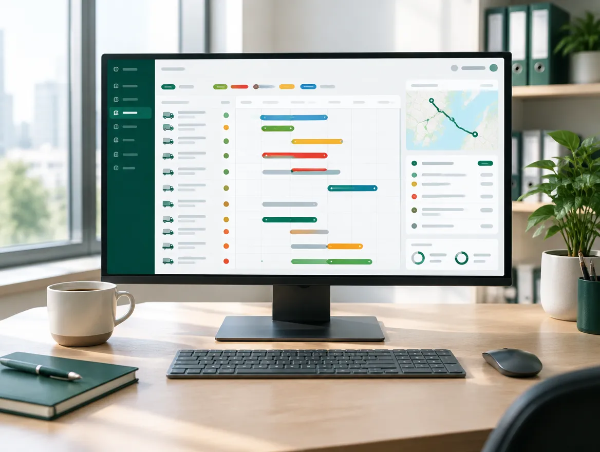 Illustration of a dashboard with a schedule board and status cards
